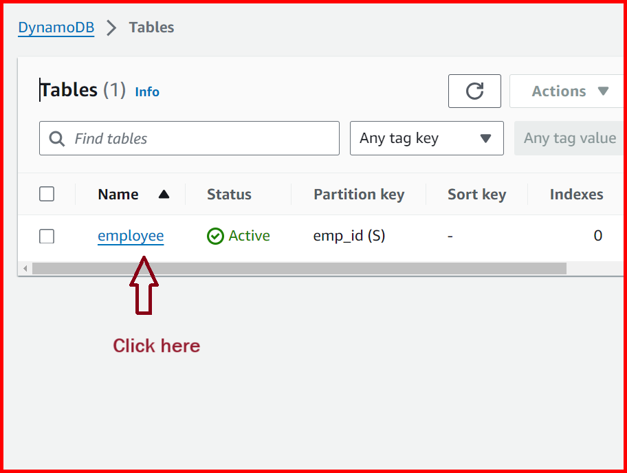 Picture showing the link to go to the dynamo db table details